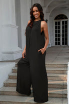 Double Take Full Size Tie Back Cutout Sleeveless Jumpsuit Trendsi