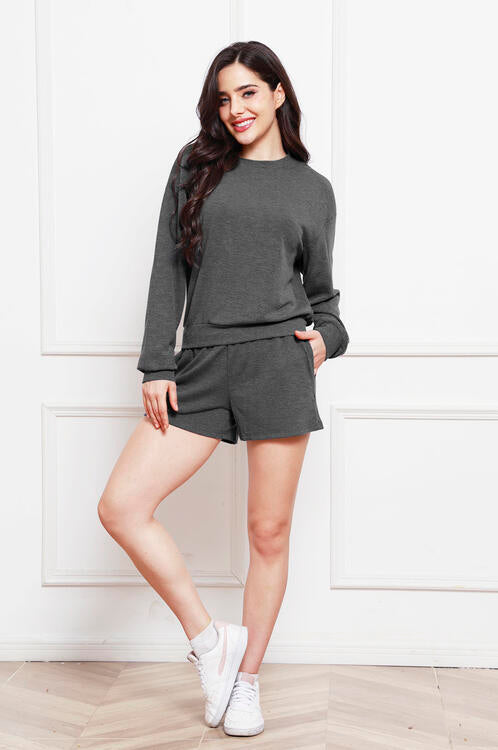 Round Neck Long Sleeve Top and Shorts Set Trendsi