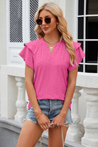 Eyelet Notched Short Sleeve T-Shirt Trendsi