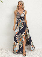 Slit Tied Printed Surplice Dress Trendsi