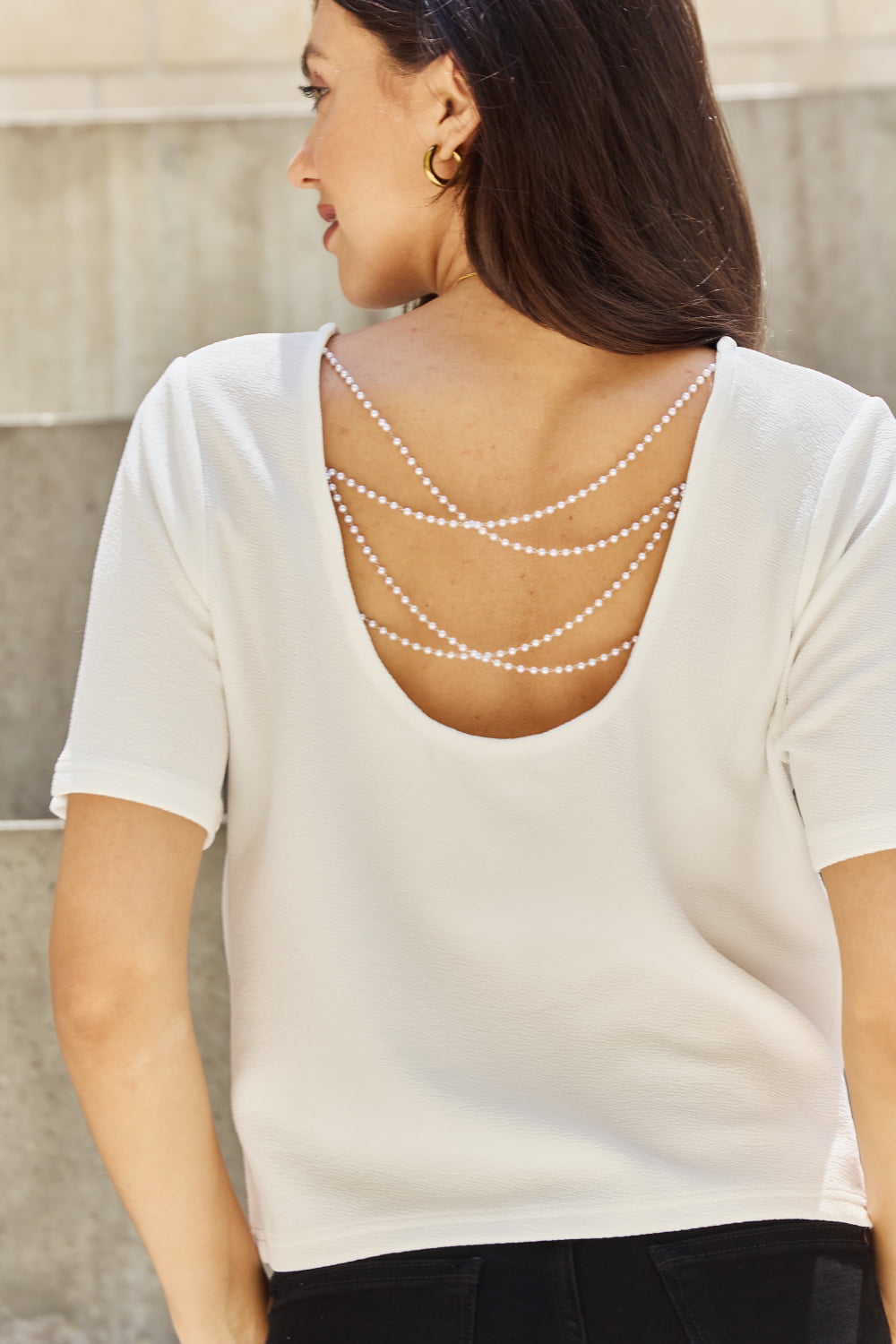 And The Why Pearly White Full Size Criss Cross Pearl Detail Open Back T-Shirt Trendsi