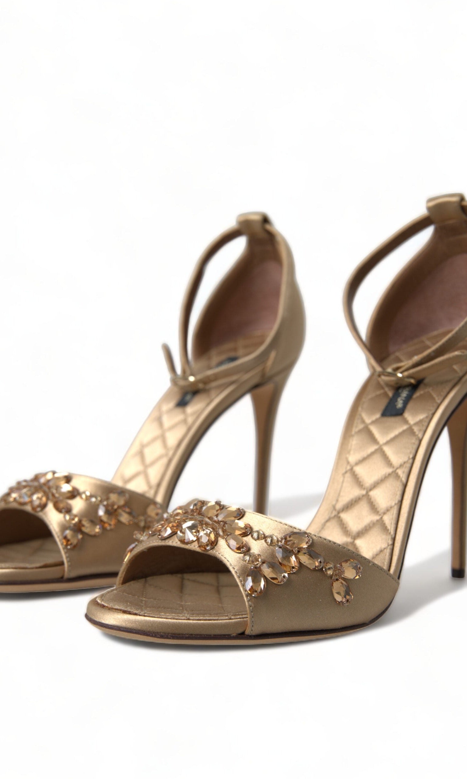 Dolce & Gabbana Gold Satin Ankle Strap Crystal Sandals Shoes GENUINE AUTHENTIC BRAND LLC