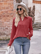 Decorative Button Johnny Collar Long Sleeve Blouse Trendsi