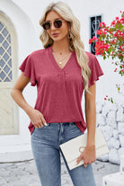 V-Neck Flutter Sleeve T-Shirt Trendsi