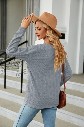 Decorative Button V-Neck Long Sleeve T-Shirt Trendsi