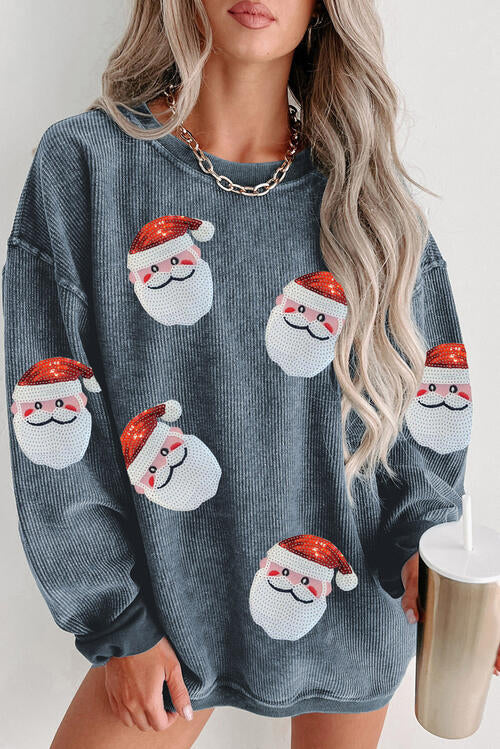 Sequin Santa Patch Ribbed Sweatshirt Trendsi