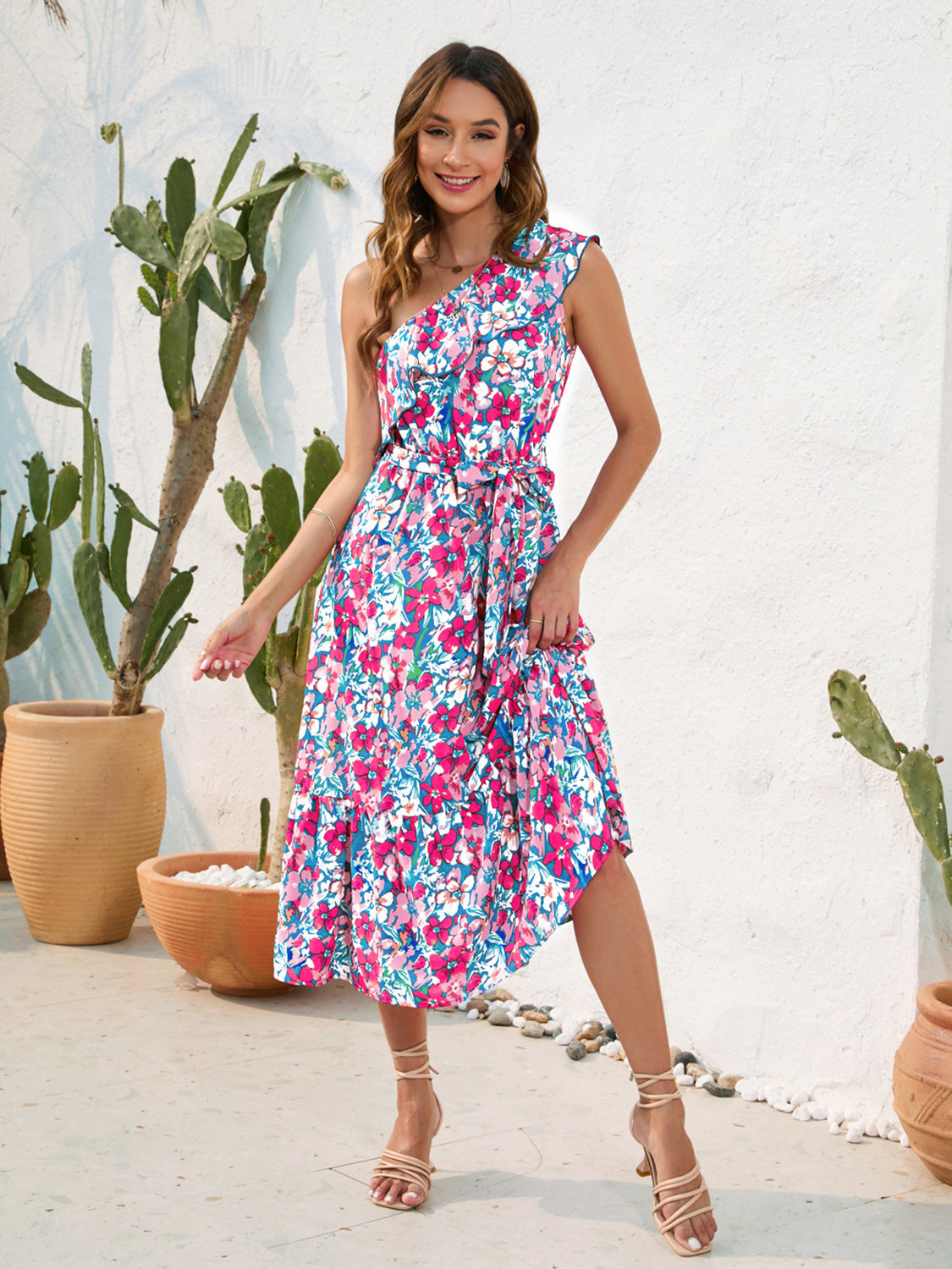 Ruffled Printed One Shoulder Midi Dress Trendsi