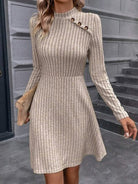 Decorative Button Mock Neck Long Sleeve Sweater Dress Trendsi