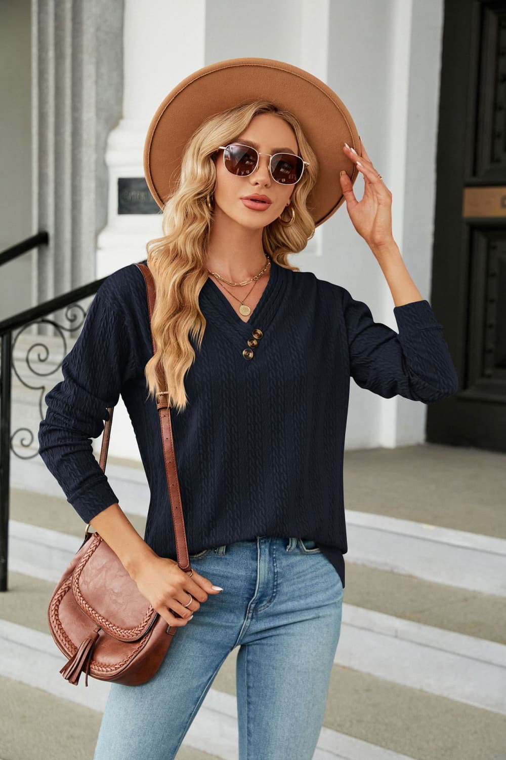 Decorative Button V-Neck Long Sleeve T-Shirt Trendsi