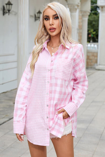 Pocketed Plaid Dropped Shoulder Shirt Trendsi