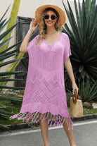 Double Take Eyelet Fringe Hem Longline Knit Cover Up Trendsi