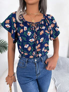 Floral Tie Neck Flutter Sleeve Blouse Trendsi