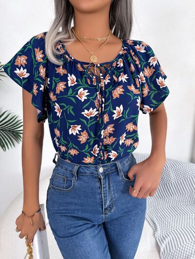 Floral Tie Neck Flutter Sleeve Blouse Trendsi