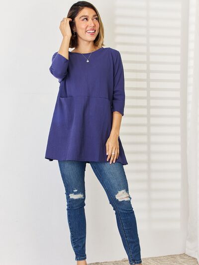 Pocketed Round Neck Half Sleeve Blouse Trendsi