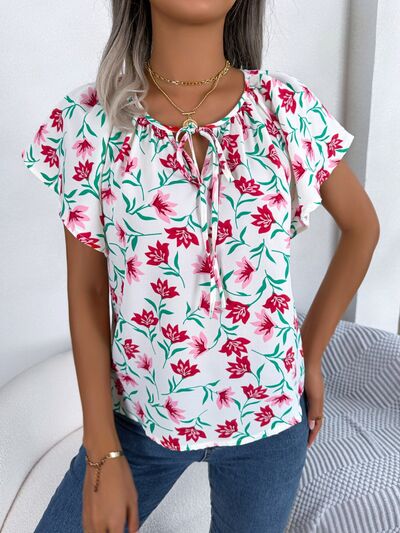 Floral Tie Neck Flutter Sleeve Blouse Trendsi