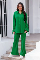 Drawstring Flounce Sleeve Shirt and Pants Set Trendsi