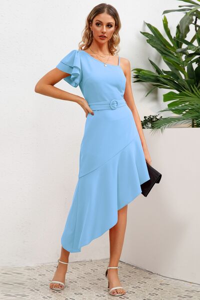 Ruffled Asymmetrical Neck Flutter Sleeve Dress Trendsi