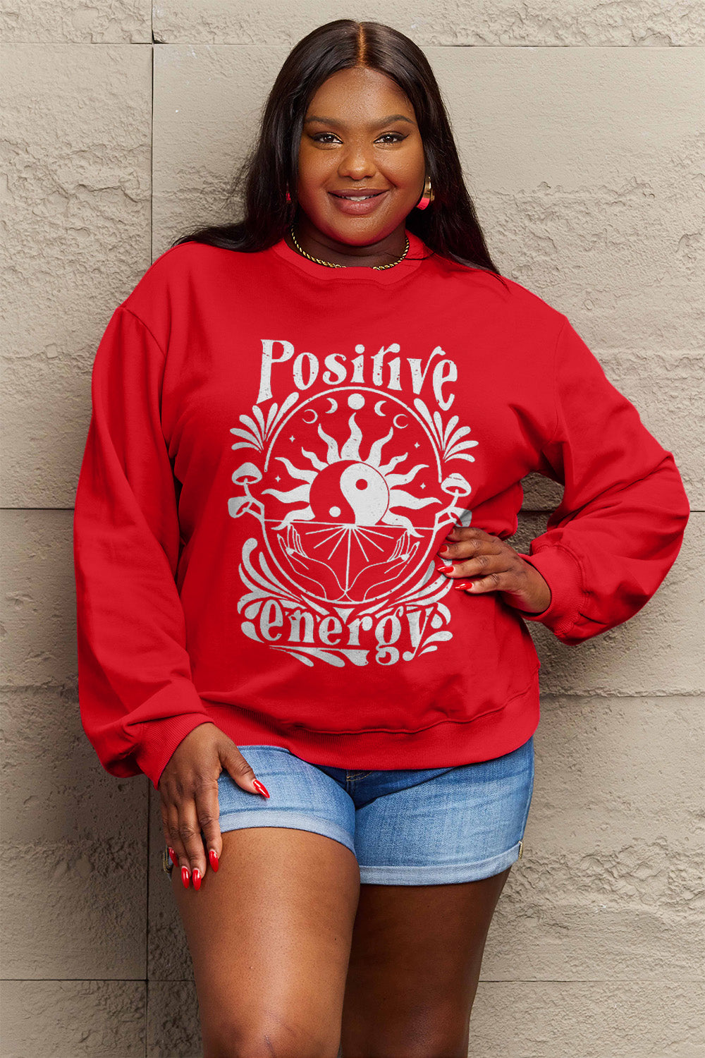 Simply Love Full Size POSITIVE ENERGY Graphic Sweatshirt Trendsi