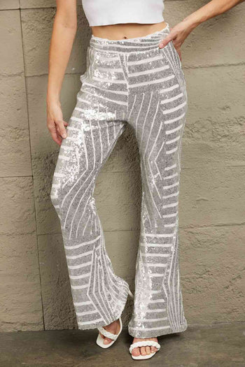 Double Take Sequin High Waist Flared Pants Trendsi