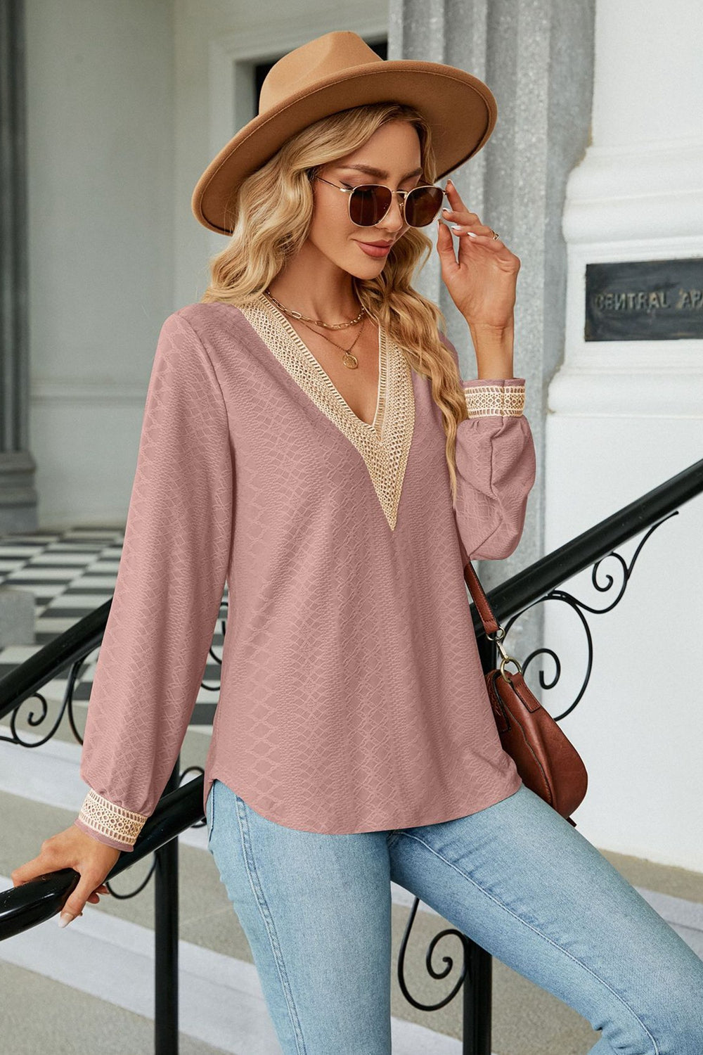 V-Neck Long Sleeve Blouse Trendsi