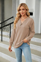 Decorative Button V-Neck Long Sleeve T-Shirt Trendsi