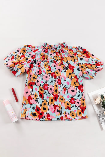 Printed Mock Neck Short Sleeve Blouse Trendsi