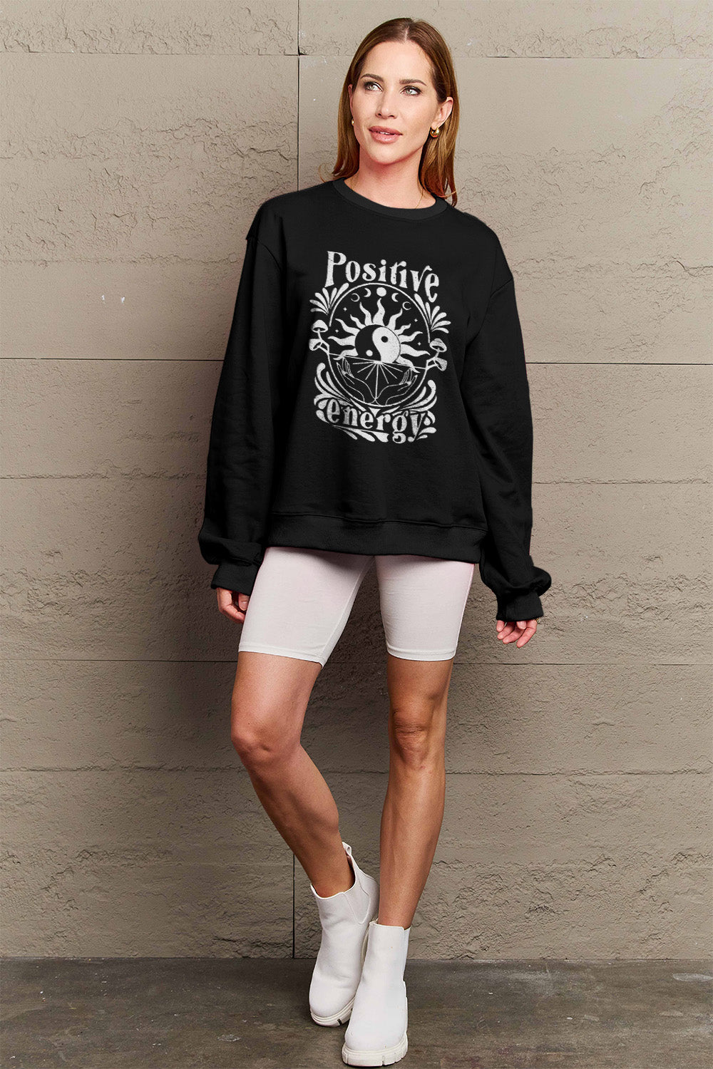 Simply Love Full Size POSITIVE ENERGY Graphic Sweatshirt Trendsi