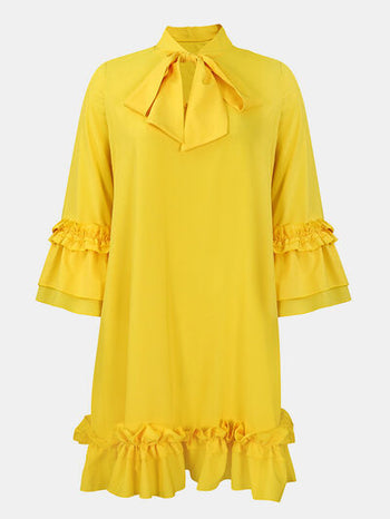 Frill Tie Neck Three-Quarter Sleeve Dress Trendsi