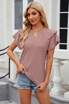 Eyelet Notched Short Sleeve T-Shirt Trendsi