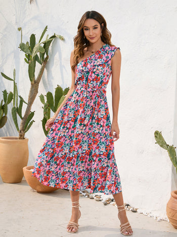 Ruffled Printed One Shoulder Midi Dress Trendsi