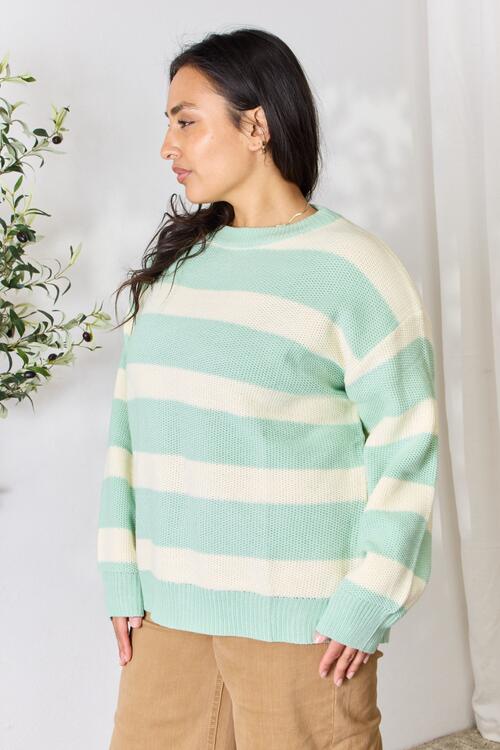 Sew In Love Full Size Contrast Striped Round Neck Sweater Trendsi