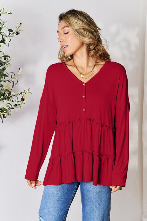 Double Take Half Button Long Sleeve Ruffle Hem Blouse Trendsi