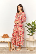 Double Take Floral Frill Trim Flounce Sleeve Plunge Maxi Dress Trendsi
