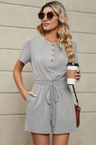 Drawstring Half Button Short Sleeve Romper Trendsi