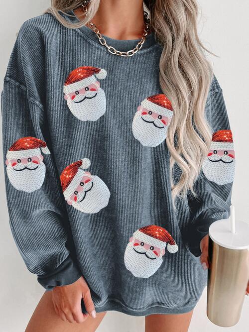 Sequin Santa Patch Ribbed Sweatshirt Trendsi