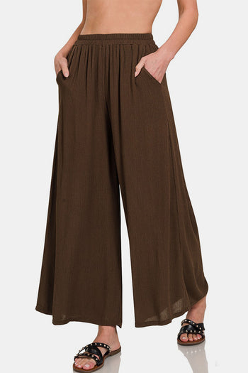 Zenana Woven Wide Leg Pants With Pockets Trendsi