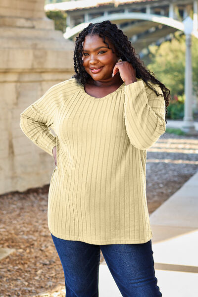 Basic Bae Full Size Ribbed Round Neck Long Sleeve Knit Top Trendsi