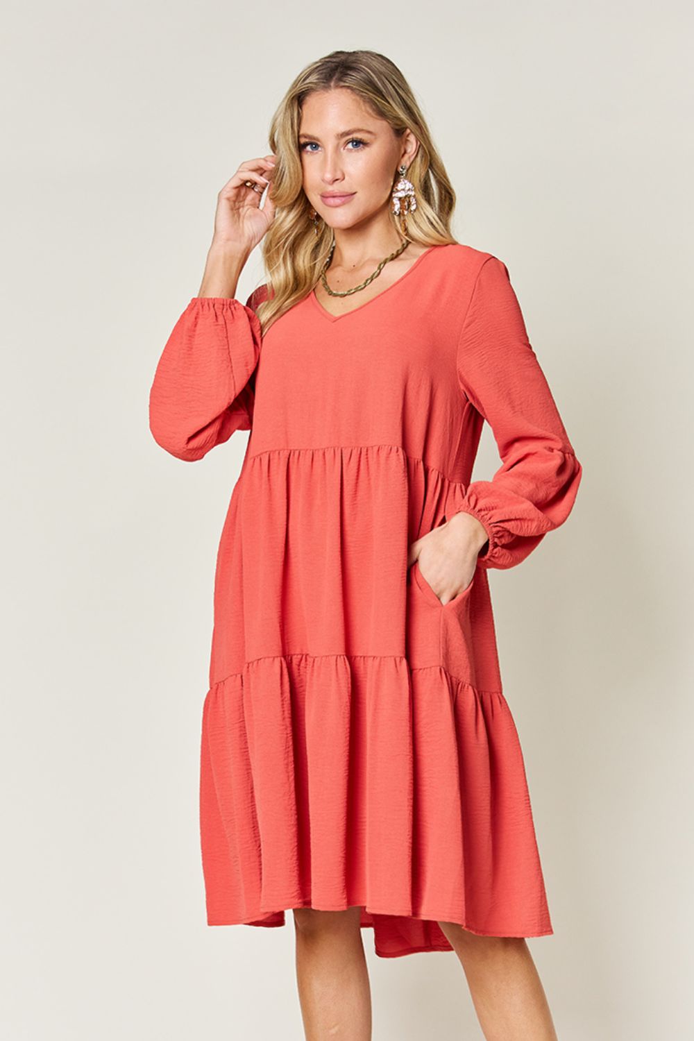 Double Take Full Size V-Neck Balloon Sleeve Tiered Dress Trendsi