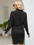 Turtle Neck Long Sleeve Ribbed Sweater Dress Trendsi