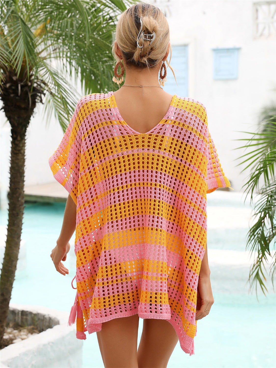 Tassel Openwork Striped V-Neck Cover Up Trendsi