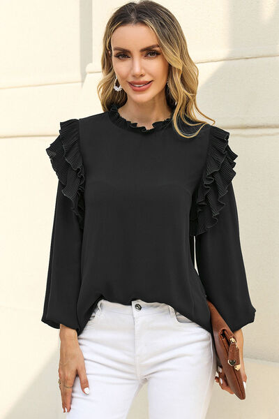 Ruffled Round Neck Long Sleeve Blouse Trendsi