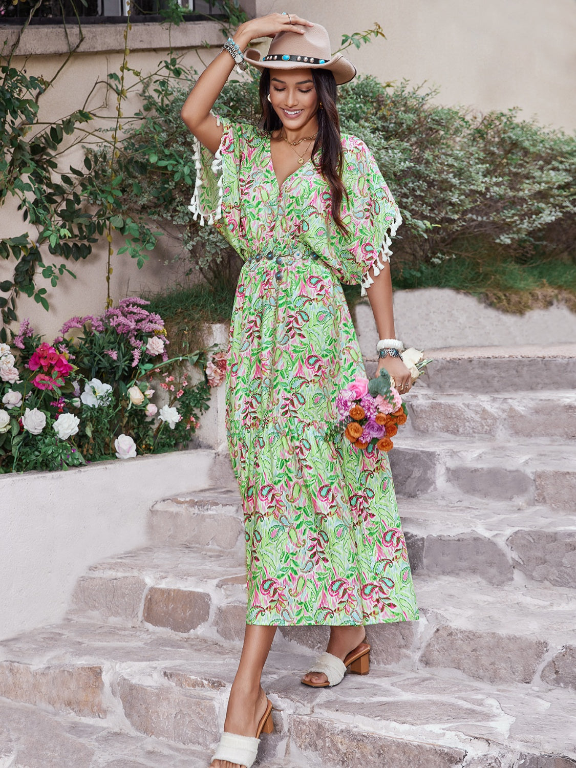 Smocked Floral V-Neck Short Sleeve Dress Trendsi