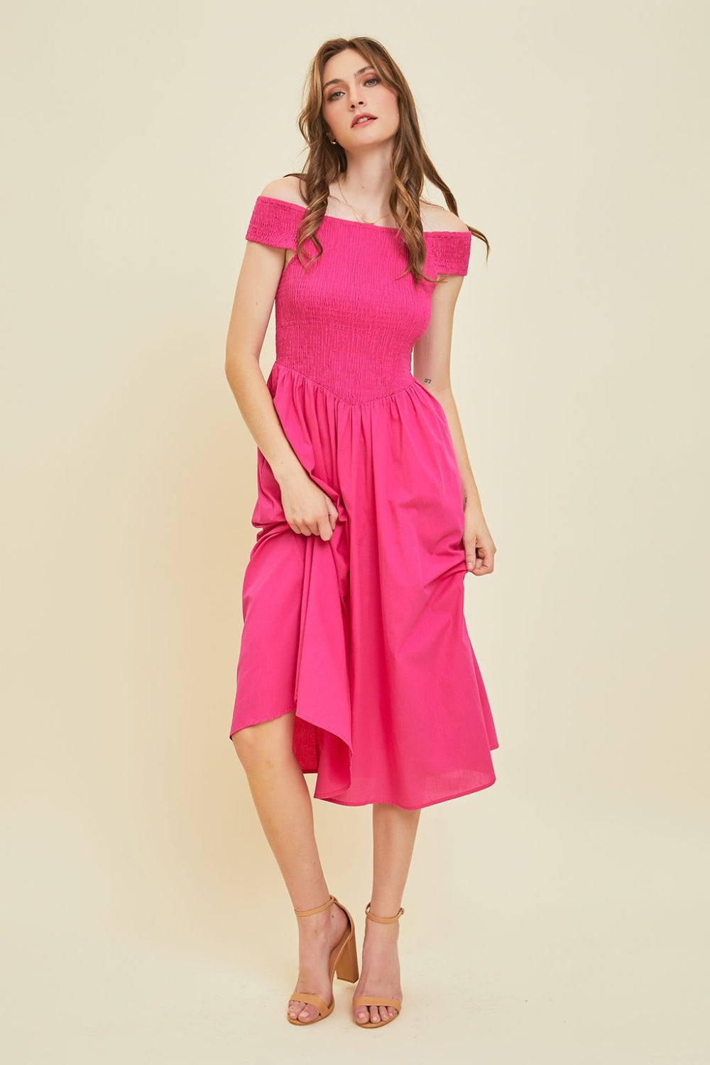HEYSON Off-Shoulder Smocked Midi Dress Trendsi