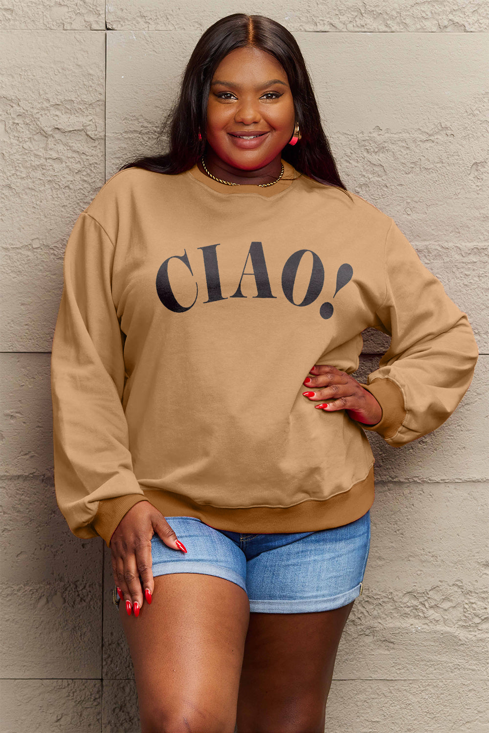 Simply Love Full Size CIAO！Round Neck Sweatshirt Trendsi