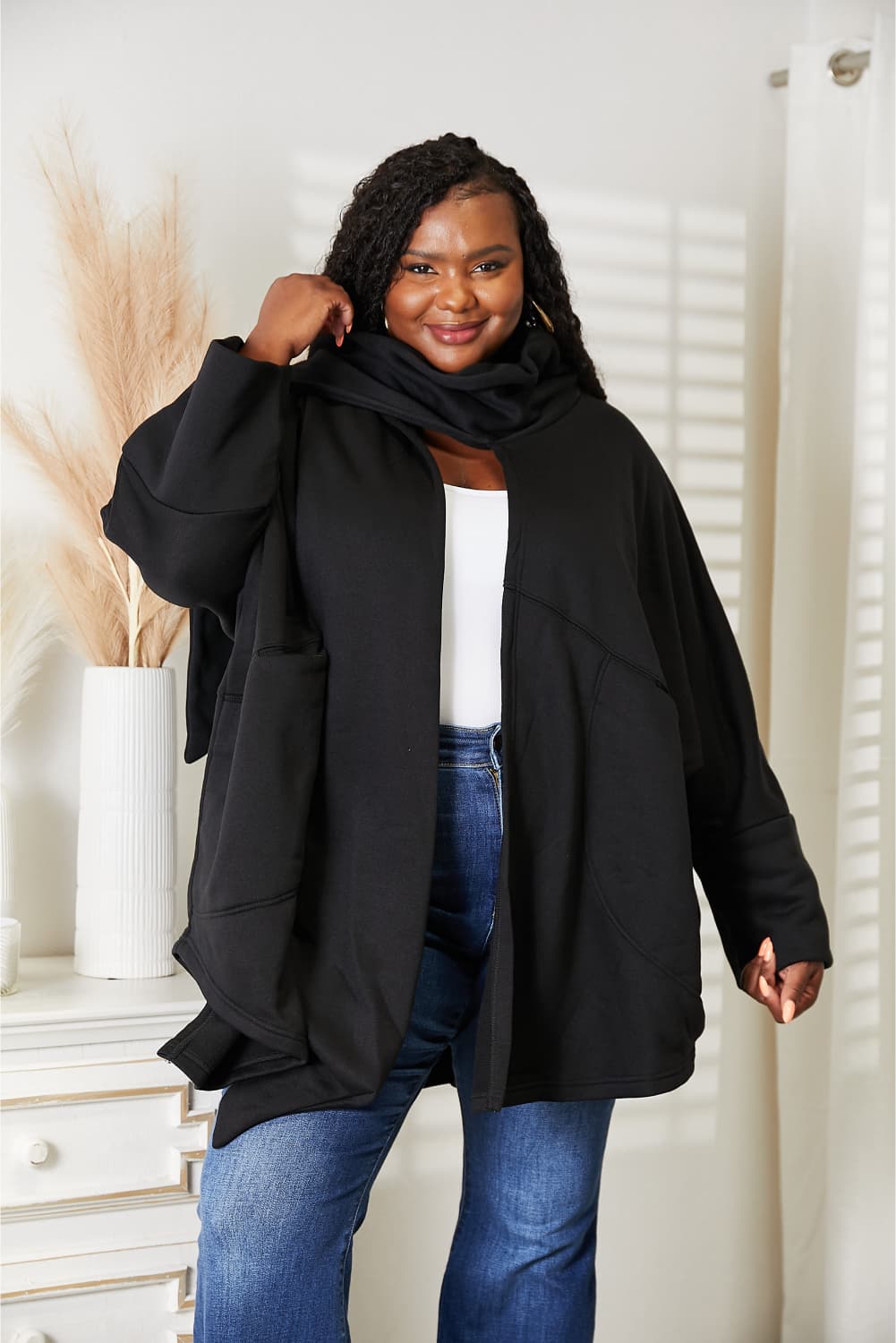 HEYSON Full Size Open Front Cardigan with Scarf Design Trendsi