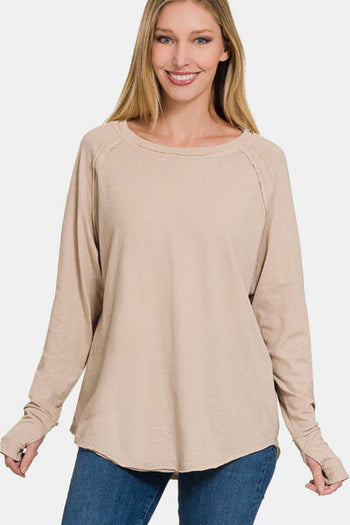 Zenana Round Neck Thumbhole Long Sleeve Top Trendsi