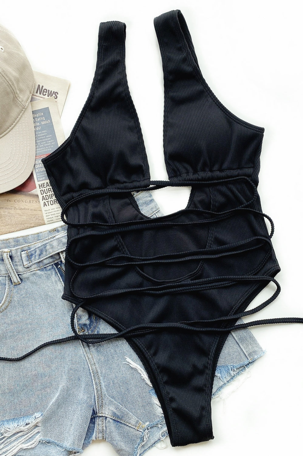 Ribbed Lace Up One-Piece Swimsuit Trendsi