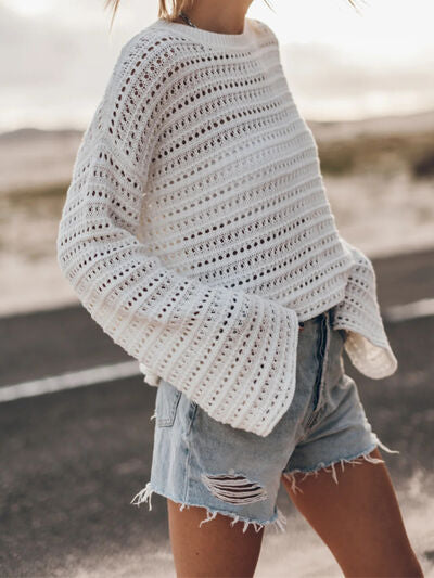 Openwork Round Neck Dropped Shoulder Knit Top Trendsi