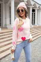 Heart Round Neck Droppped Shoulder Sweater Trendsi