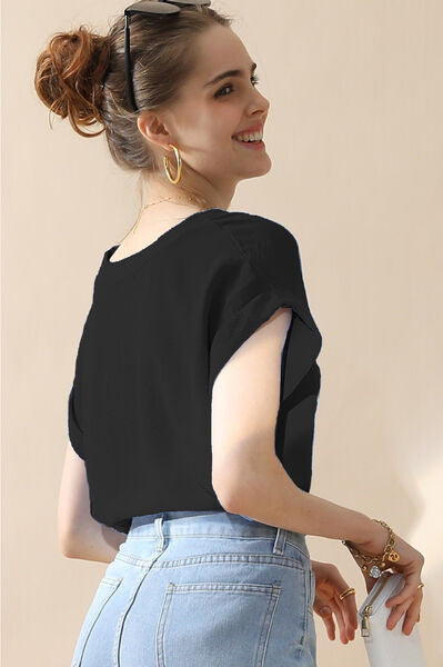 Ninexis V-Neck Trim Rolled Short Sleeve Shirt Trendsi